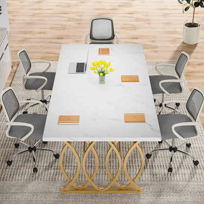 Tribesigns Executive Desk, 160 cm W Large Computer Desk, Modern Desk, Conference Table, Conference Table, Business Furniture for Home Office, White and Gold