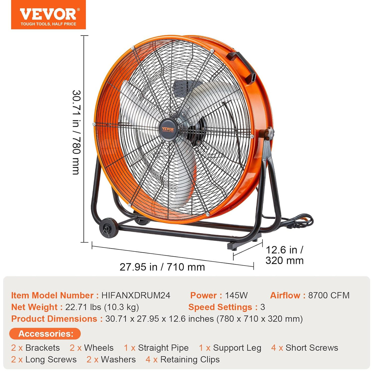 VEVOR Trommelventilator, industriële werkplaatsventilator, 609 mm, 3 snelheden, 8700 CFM, met instelbare helling, 360 graden, industriële ventilator voor magazijn, werkplaats