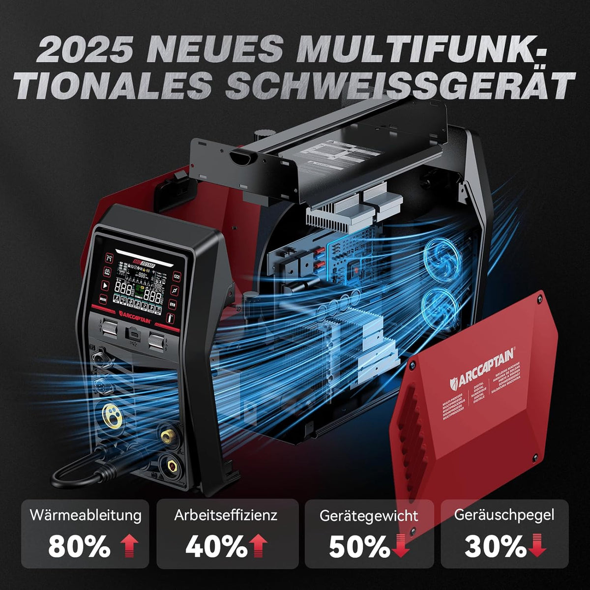 ARCCAPTAIN MIG205MP 9-in-1 iControl App-besturing MIG‑lasapparaat, plasmasnijder, puls‑MIG/flux‑core/spool gun/DC HF/Lift TIG/Clean/MMA‑aluminium lasapparaat, 230 V, meervoudig lasapparaat