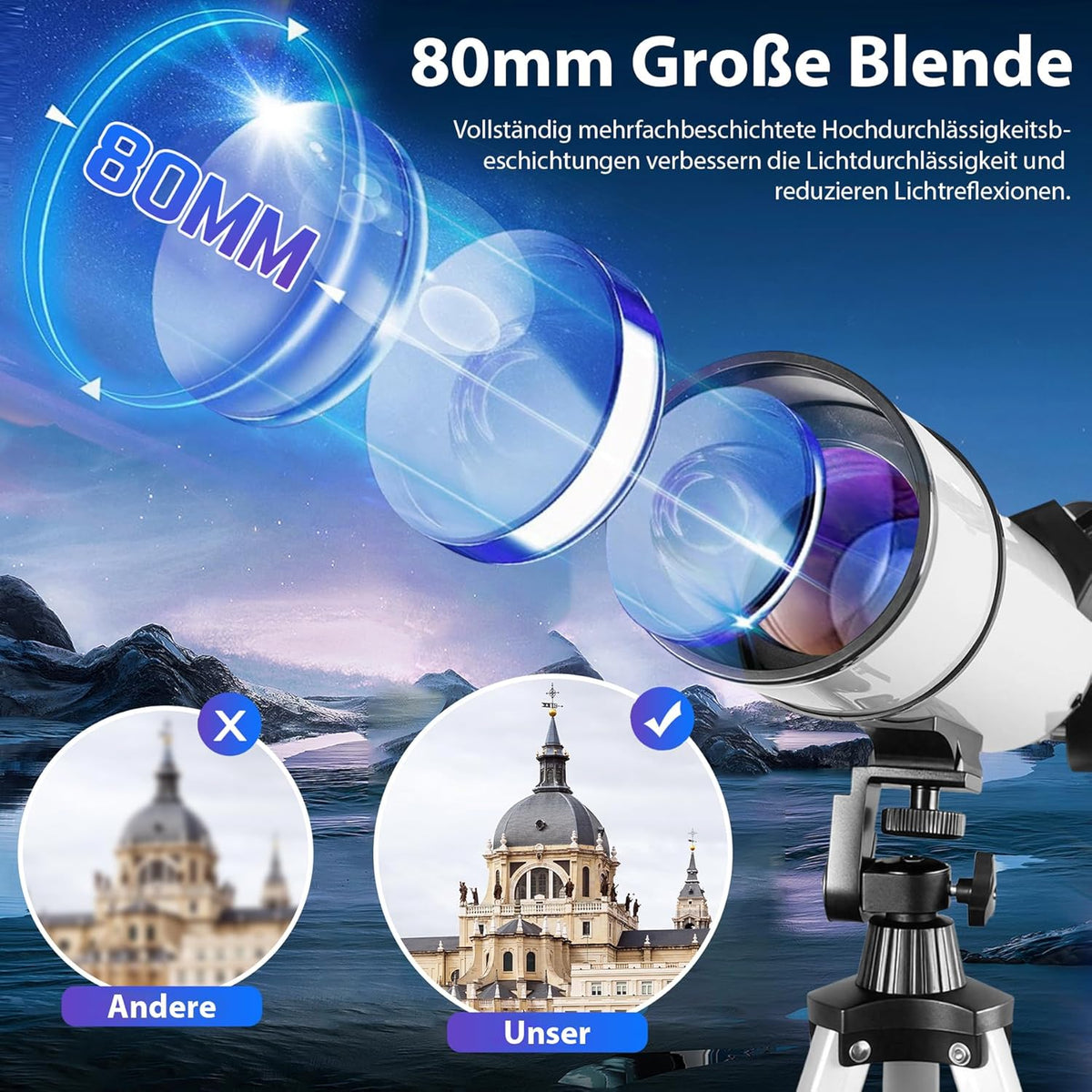 Telescopische astronomie 80 mm opening 60 mm brandpuntsafstand voor kinderen en volwassenen beginners met statief en mobiele telefoonhouder, draagbare refractortelescoop voor aard- en
