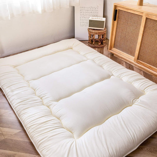 MAXYOYO Japanse vloer futon matras, verdikt tatami slaapmat opvouwbaar oprolbaar slaapzaal matpad vloer lounger kussen bed (gebroken wit, dubbel)