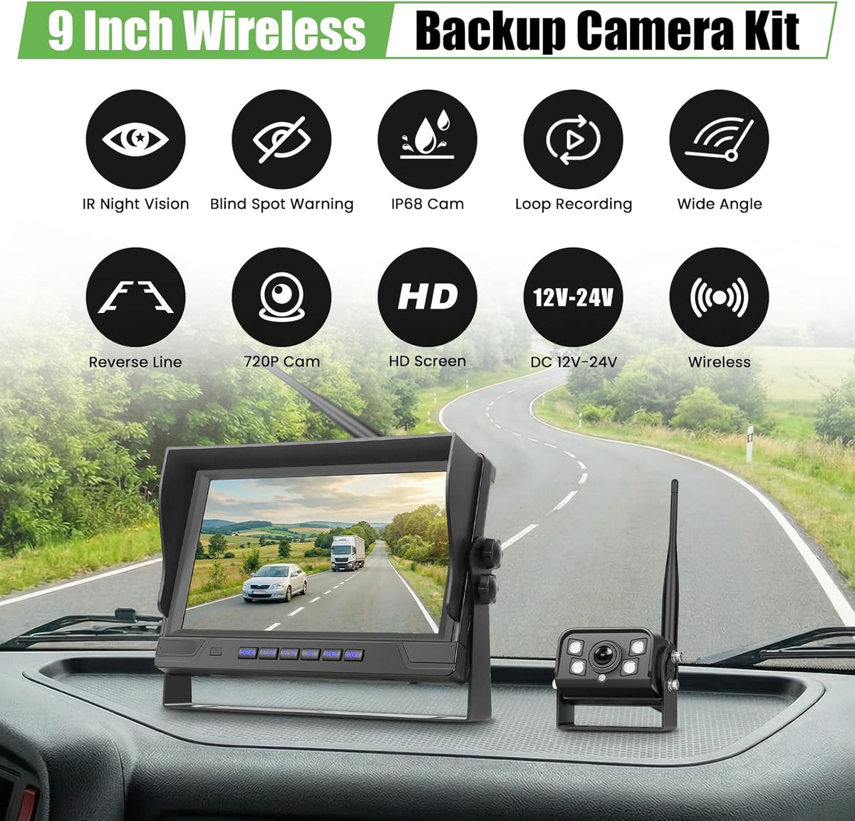Draadloze achteruitrijcameraset, 9 inch IPS-display, met dodehoek-assistent, waterdicht, nachtzicht, groothoek, parkeerhulp, geschikt voor bussen, campers, aanhangers, vrachtwagens, 12 V - 24