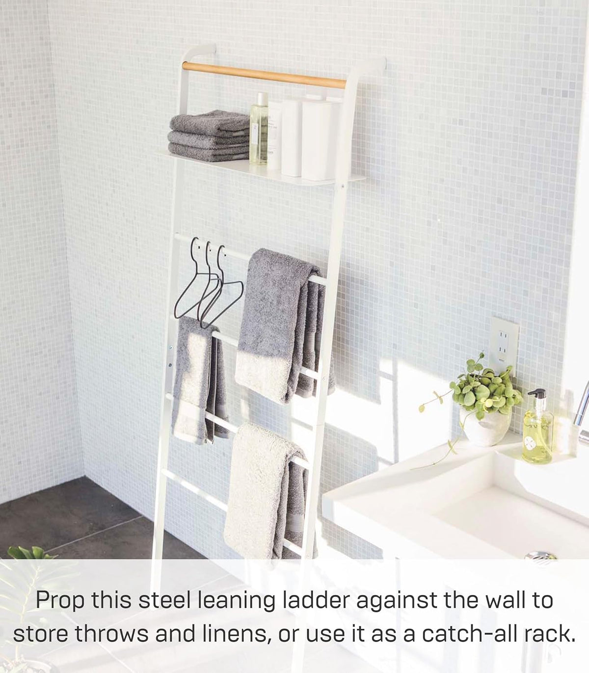 Yamazaki 3871 TOWER Leaning Ladder Hanger with Shelf, white, Steel/Wood, 66 x 30~38 x 160 cm