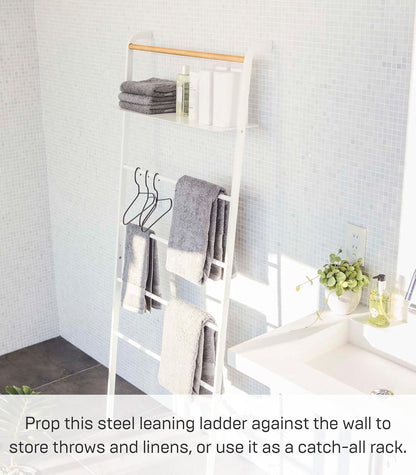 Yamazaki 3871 TOWER Leaning Ladder Hanger with Shelf, white, Steel/Wood, 66 x 30~38 x 160 cm