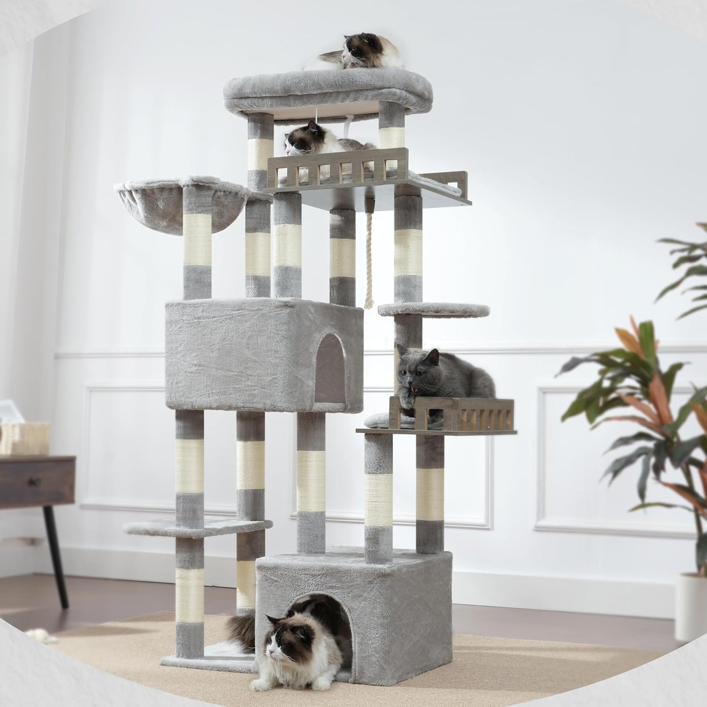 Large Cat Scratching Post for Large Adult Cats, 174 cm Cat Scratching Post with Hammock, 2 Large Sitting Bars, 2 Cat Cavities, 15 Scratching Bars, Light Grey GCT033W - QUORE