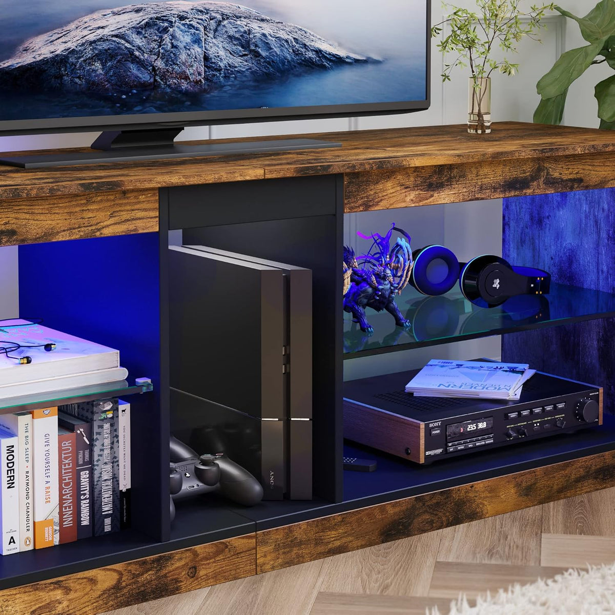 Bestier 140cm tv-standaard, tv-tafel voor tv's van 65 inch en kleiner met RGB LED-verlichting, 3 stopcontacten en 2 USB-oplaadpoorten