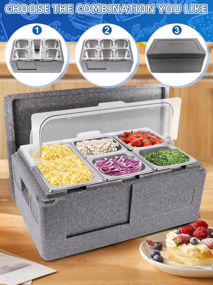 Pizza Topping Station – Buffetstation – Saladebar – Buffetbak – Toppingset – 7 Pannen Inclusief Lepels, Clips En Deksels – Geïsoleerd Met IJsdozen