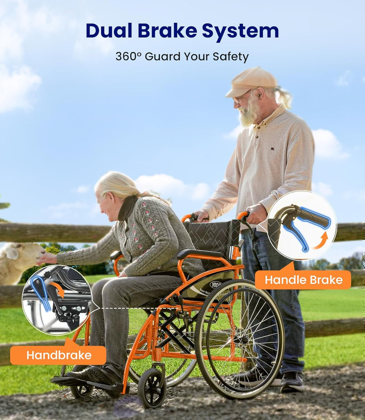 VOCIC U31 Rolstoel, licht, 150 kg, aluminium rolstoel voor gehandicapten, dubbele rem, rolstoel voor senioren, solide banden, 60 cm voor alle vloeren, oranje