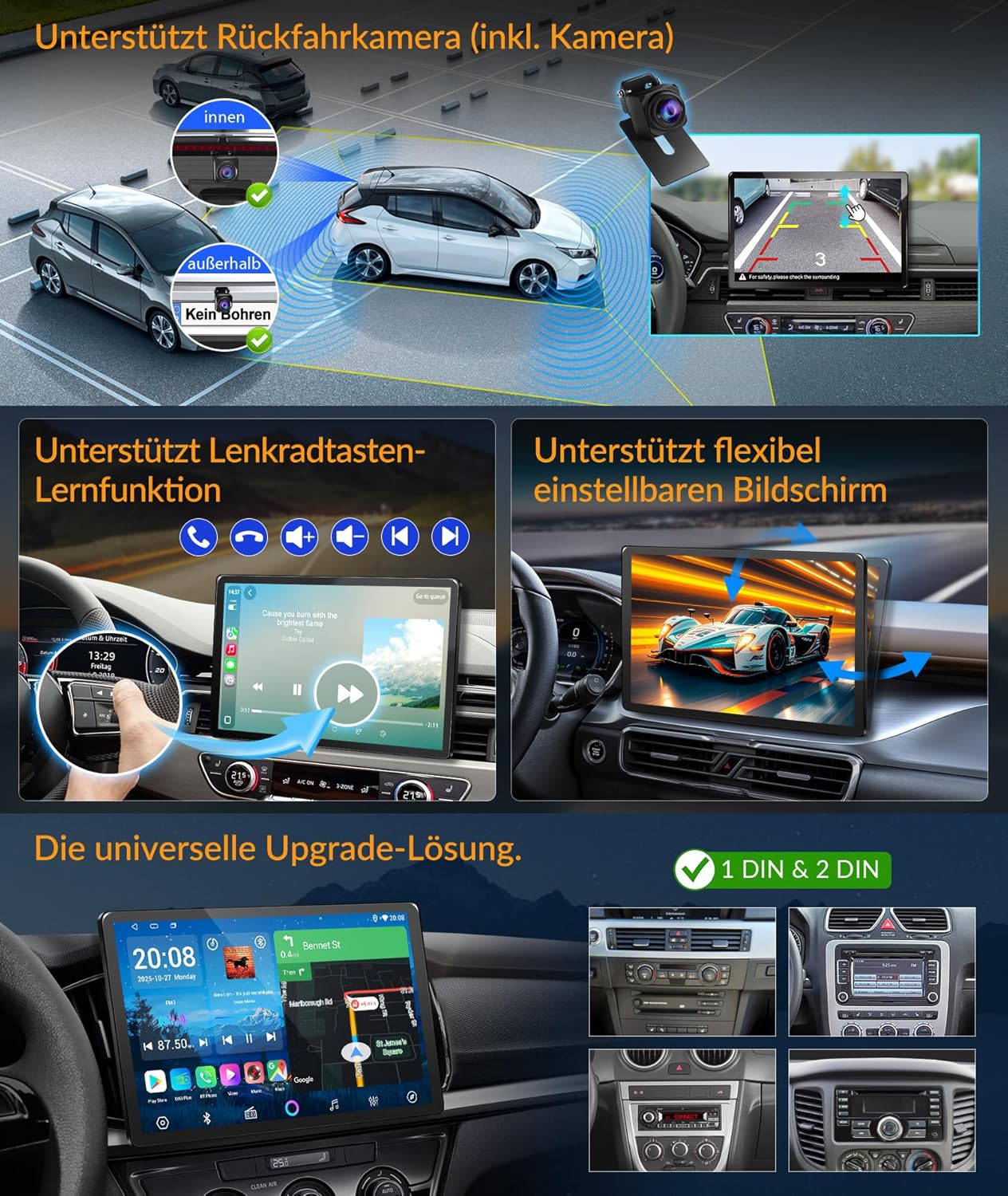 PORMIDO autoradio met scherm:11,8 inch 2K touchdisplay met DAB+ draadloze Apple CarPlay & Android Auto 1din radio 8-core 4GB+64GB Android 13 Navi WiFi Bluetooth achteruitrijcamera voor auto-upgrade