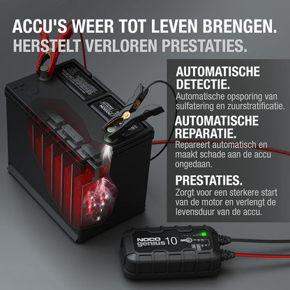 NOCO GENIUS10EU, 10A Automatische Oplader, 6V en 12V Batterijlader, AGM, SLA, Gel en Lithium Auto-Acculader, Onderhoudslader, Druppellader en Desulfator - Auto, Motorfiets, Boot, SUV, ATV, RV, Camper