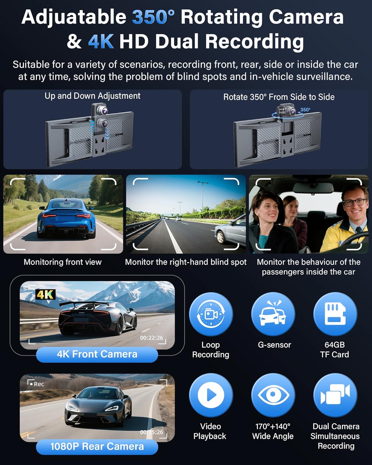 11,3 Inch Carplay Android Auto Display – Touchscreen Navigatie Scherm – Draadloze Carplay – 4K Dashcam – Draaibare 350° Camera – Dubbele Bluetooth – Inclusief 64GB TF Kaart