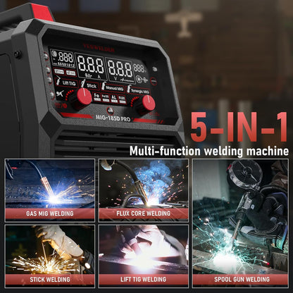 YESWELDER 185A MIG MAGLasser, Flux Core MIG/Gas MIG/Spoolpistool MIG/Lift TIG/Stick 6 in 1 Multi-proces Aluminium Lasmachine, Digitaal LED Display Synergische Besturing 230V