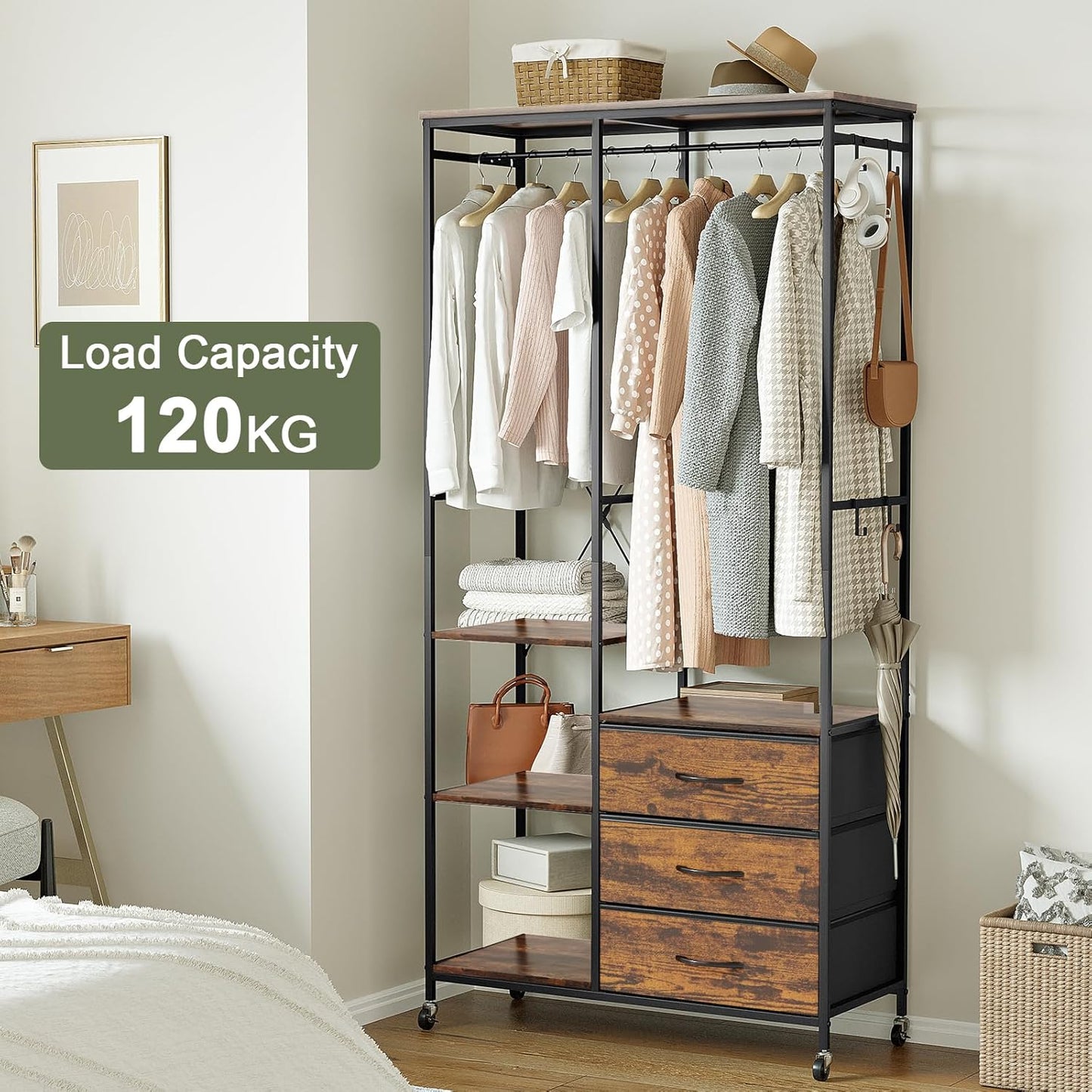 Kledingrek – Kledingkast – Garderoberek – Kledinghanger – Open Kledingrek – Stevig Stalen Frame – Verstelbare Planken & Laden – Wieltjes – Rustiek Bruin