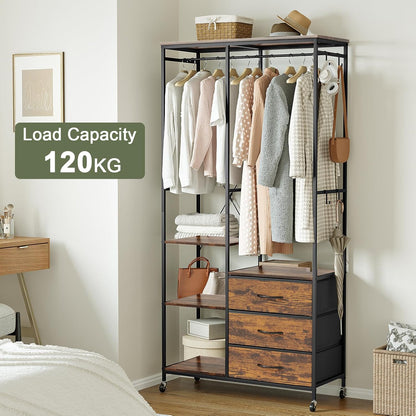 Kledingrek – Kledingkast – Garderoberek – Kledinghanger – Open Kledingrek – Stevig Stalen Frame – Verstelbare Planken & Laden – Wieltjes – Rustiek Bruin