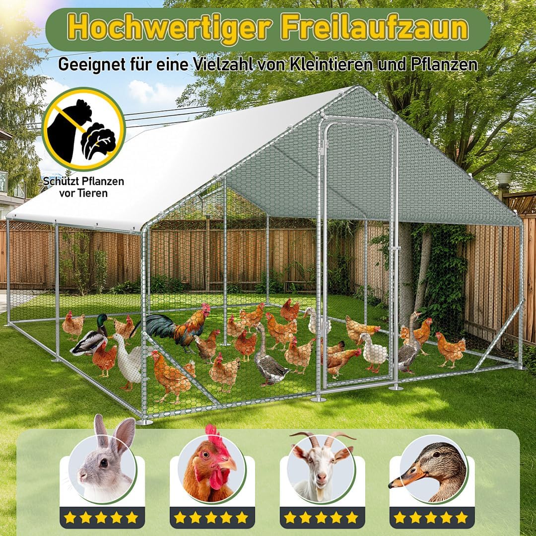 Free Run Hen Coop Galvanized Steel Small Animal Coop Chicken Coop Roof Poultry Hutch with Sunroof and Door for Pet Cage Chicken Cage Bird Cage Small Animals Plants - QUORE