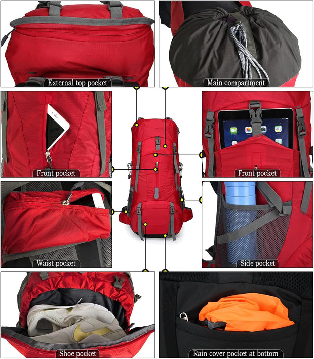 Wandelrugzak - Kampeertas - Trekking rugzak - Camping Essentials Tas - met Regenhoes - 70L - Lichtgewicht - Waterdichte - Nylon - Rood