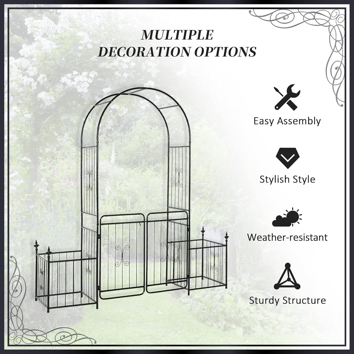 Outsunny Metal Garden Arbor Arch with Double Doors, 2 Side Planters, Climbing Vine Frame, Black - QUORE