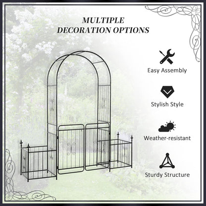Outsunny Metal Garden Arbor Arch with Double Doors, 2 Side Planters, Climbing Vine Frame, Black - QUORE