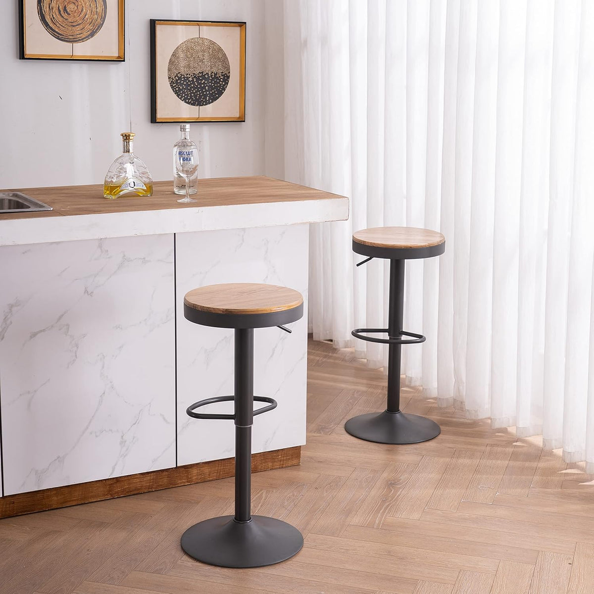 Kidol & Shellder barkrukken houten zitting, set van 2,360° draaibare krukken, verstelbare barkrukken bar hoogte, vintage industrieel, zwart