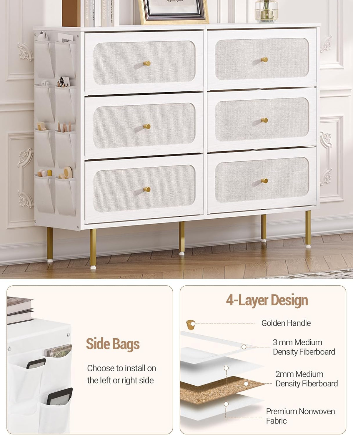 Hzuaneri Chest of Drawers 110 cm, Cabinet with 6 Fabric Drawers, Multifunctional Dresser with Fabric Bag, Metal Frame, 30 x 110 x 85 cm, for Living Room and Bedroom, Modern, White Gold DU25813AW