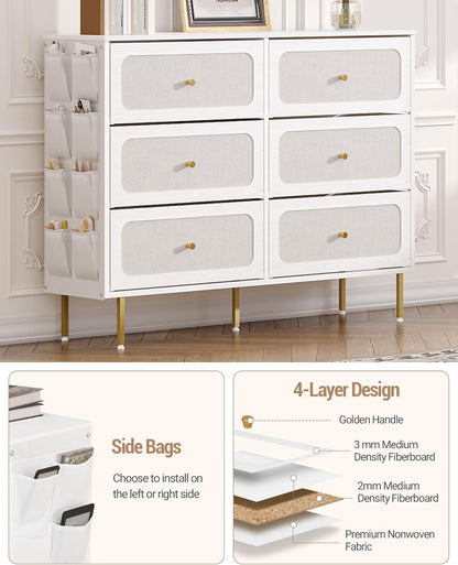 Hzuaneri Chest of Drawers 110 cm, Cabinet with 6 Fabric Drawers, Multifunctional Dresser with Fabric Bag, Metal Frame, 30 x 110 x 85 cm, for Living Room and Bedroom, Modern, White Gold DU25813AW