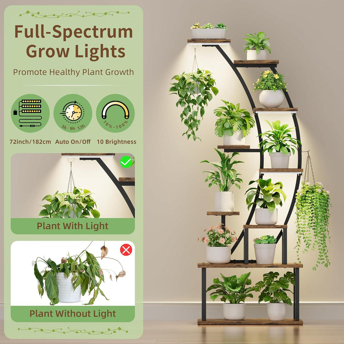 Plantenstandaard kweeklampen 160 Cm – Plantenrek – Plantenhouder – Bloemenstandaard – Displayplank – 9-Laags Hoekmodel – Volspectrum Kweeklampen – Metalen Frame Met Waterbestendige Planken