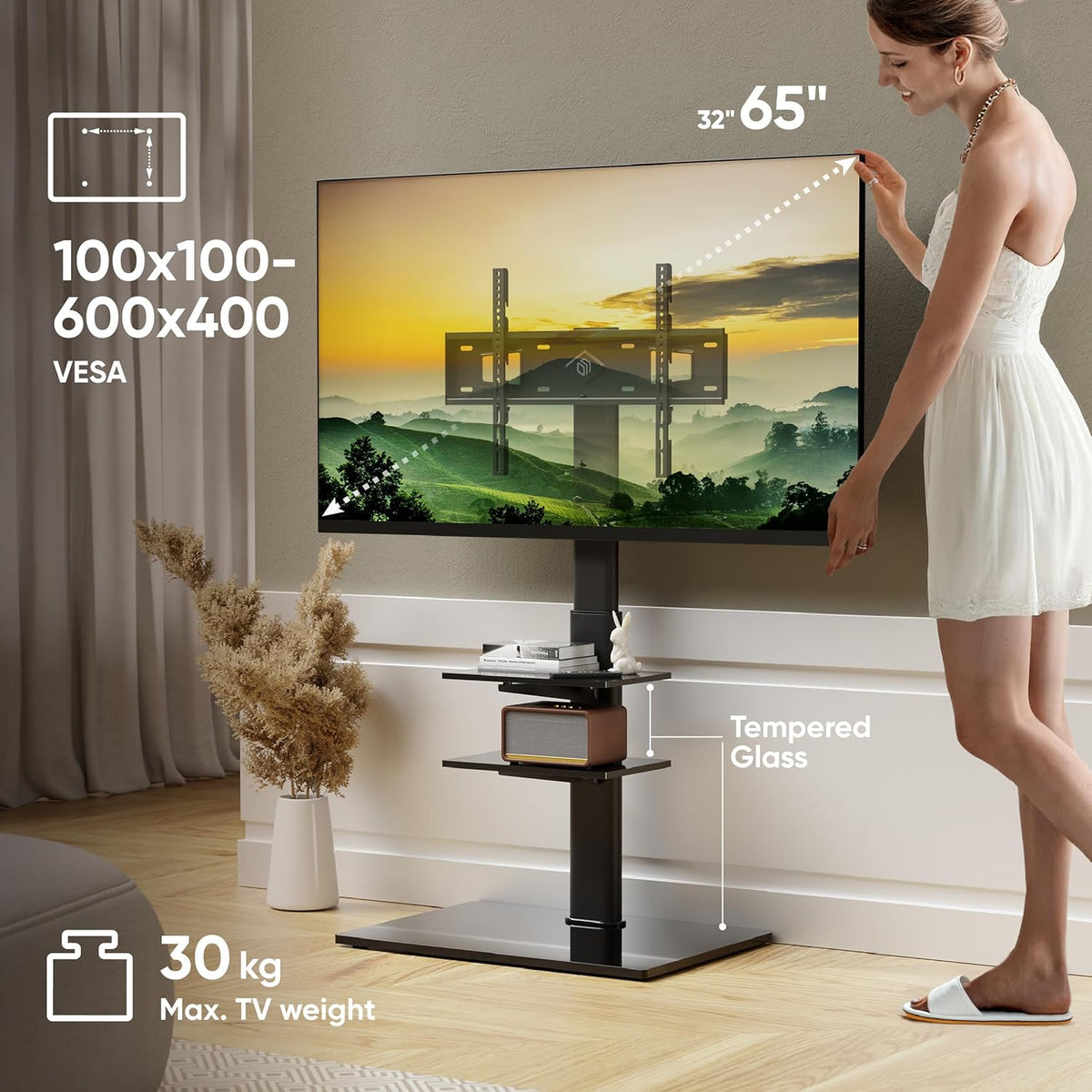 ONKRON TV Vloerstandaard voor 32-65 inch TV’s tot 40 kg, universele TV standaard kantelbaar en in hoogte verstelbaar max 600x400 VESA Standaard TV statief/TV wagen met wielen zwart TS5550-B