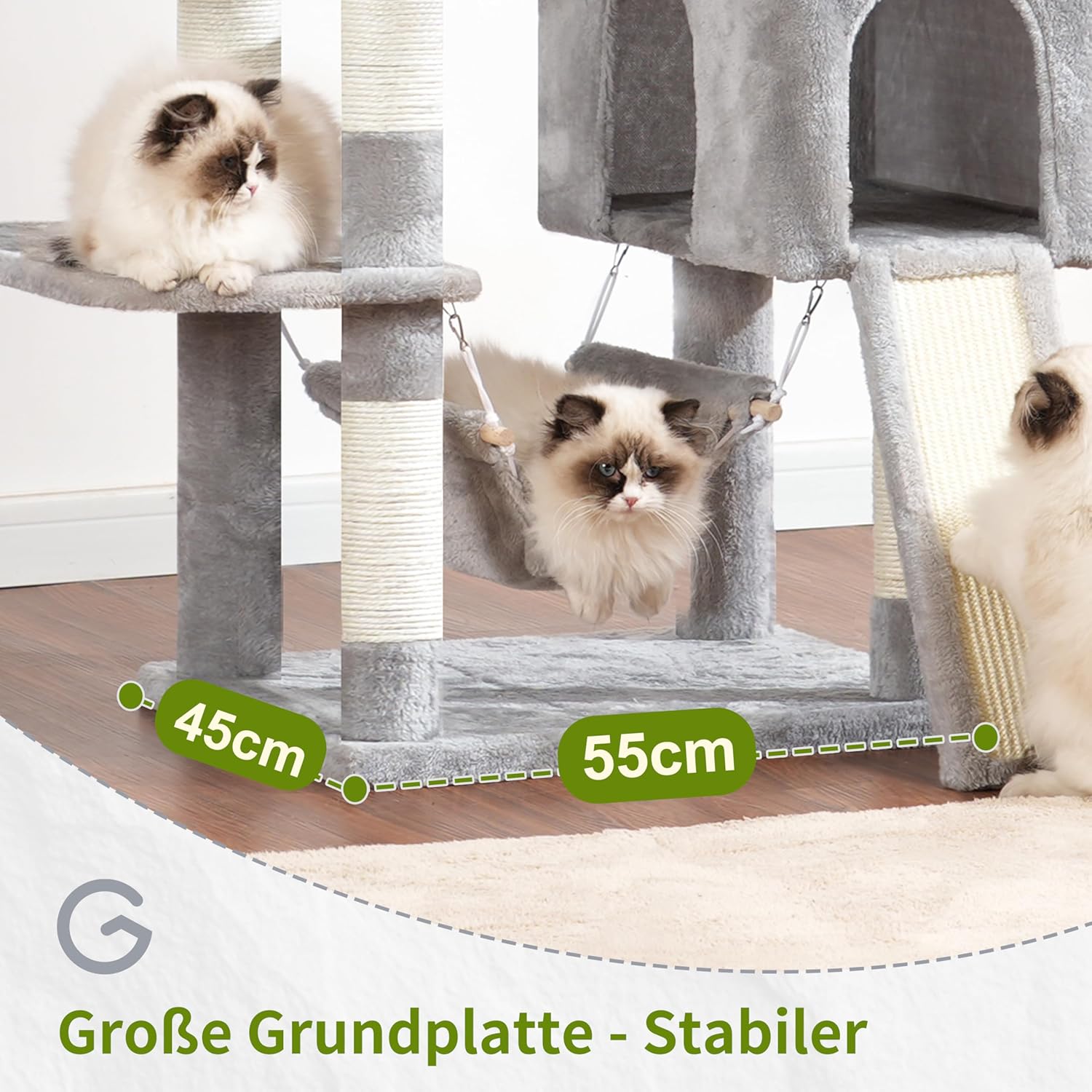 Cat Tree Indoor Cat Tree 200cm Cat Scratching Post with Large Adult Cats, 2 Scratching Boards, 7 Scratching Posts, 2 Plush Platforms, 2 Cat Cavities, Light Grey GCT032W - QUORE