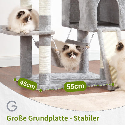 Cat Tree Indoor Cat Tree 200cm Cat Scratching Post with Large Adult Cats, 2 Scratching Boards, 7 Scratching Posts, 2 Plush Platforms, 2 Cat Cavities, Light Grey GCT032W - QUORE