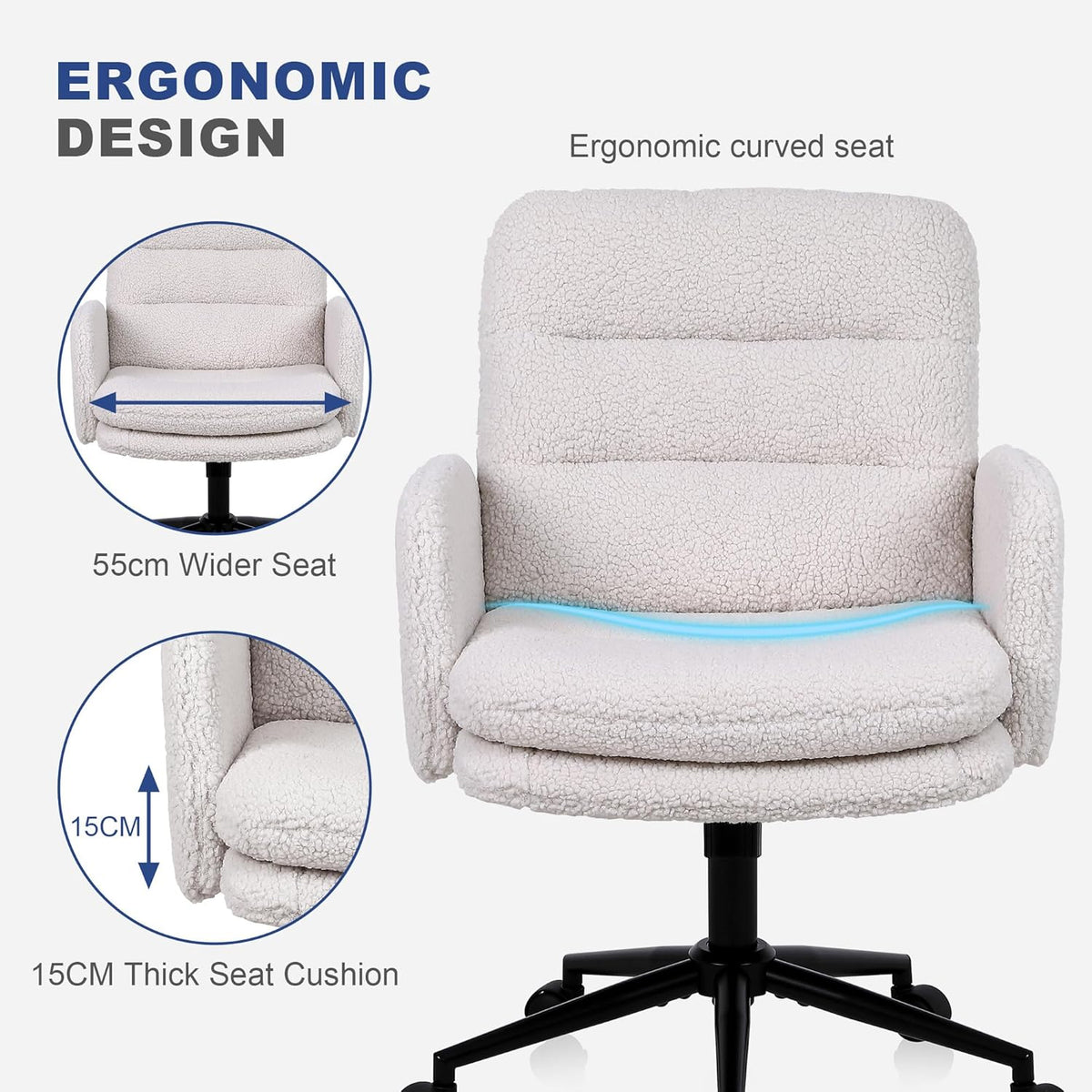 Youhauchair Bureaustoel, Imitatie Kasjmier Office Chair, Comfortabele Make-up Stoel met Verstelbare Hoogte, Ergonomic Chair Bureaustoelen voor Thuis en Slaapkamer, Creme