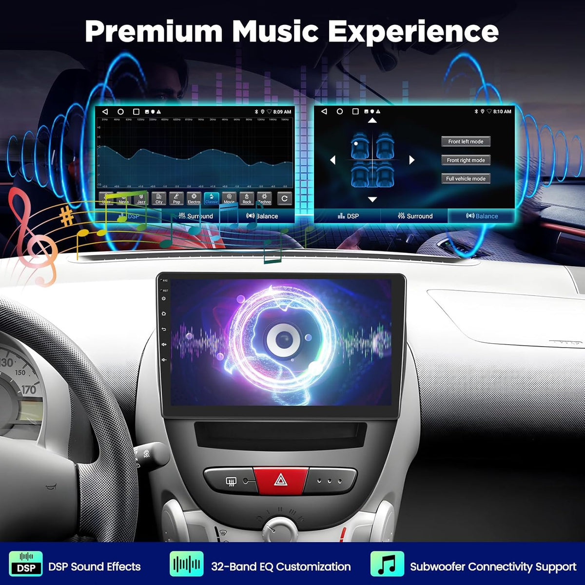 4+64G Android Autoradio voor Toyota Aygo/Peugeot 107 / Citroën C1 2005–2014, 10 Inch HD Touchscreen, Draadloos CarPlay & Android Auto, GPS Navigatie, WiFi, DSP, AHD Camera/OBD/DAB