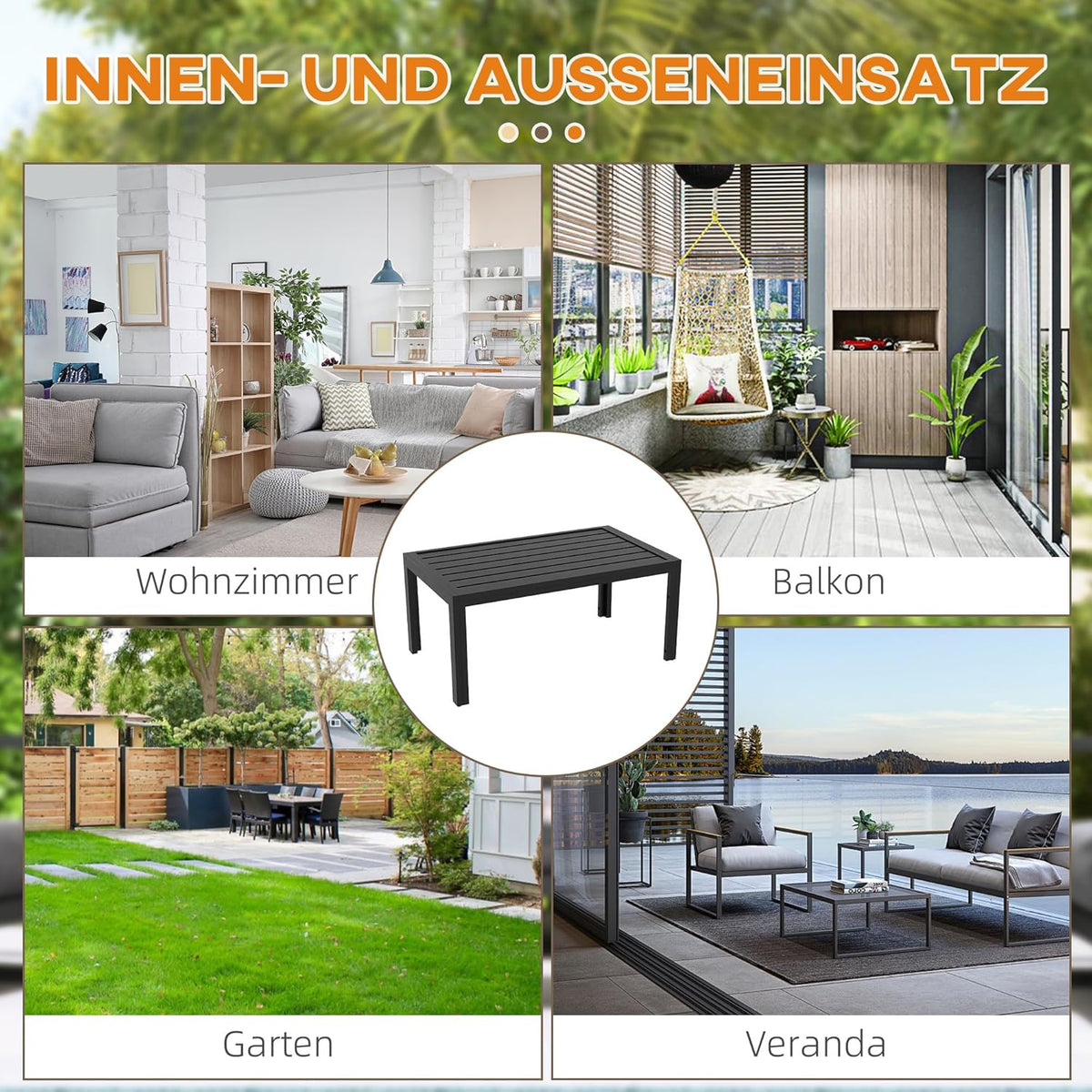 Outsunny Beistelltisch Balkontisch aus Stahl Rechteckig Kaffeetisch wetterfest Gartentisch pfleegelcht Sofatisch Outdoor Tisch für Balcony Garten Terrasse Veranda Wohnzimmer, 101.6x61x46cm Schwarz - QUORE