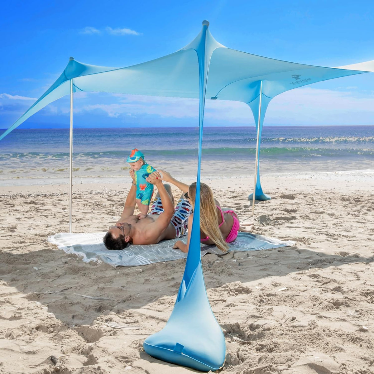 SUN NINJA Mini Beach Tent - UPF50+ Partial Shade Sunshade and Carry Bag - Camping or Beach Portable Pop Up Umbrella Alternative - Easy Installation - 7x7.5ft (2.1x2.3m) - Turquoise