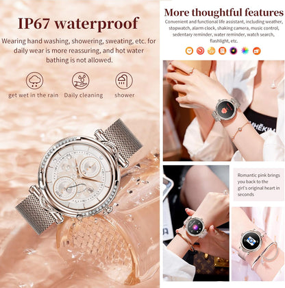 Smartwatch Damen met Bellen/Kiezen via Bluetooth, 1,27” Smart Watch voor Damens con Diamanti, Slaapmonitor Menstruatie Volgen Calorie Stappenteller Stopwatch Activity-Armband voor Android iOS (Goud)