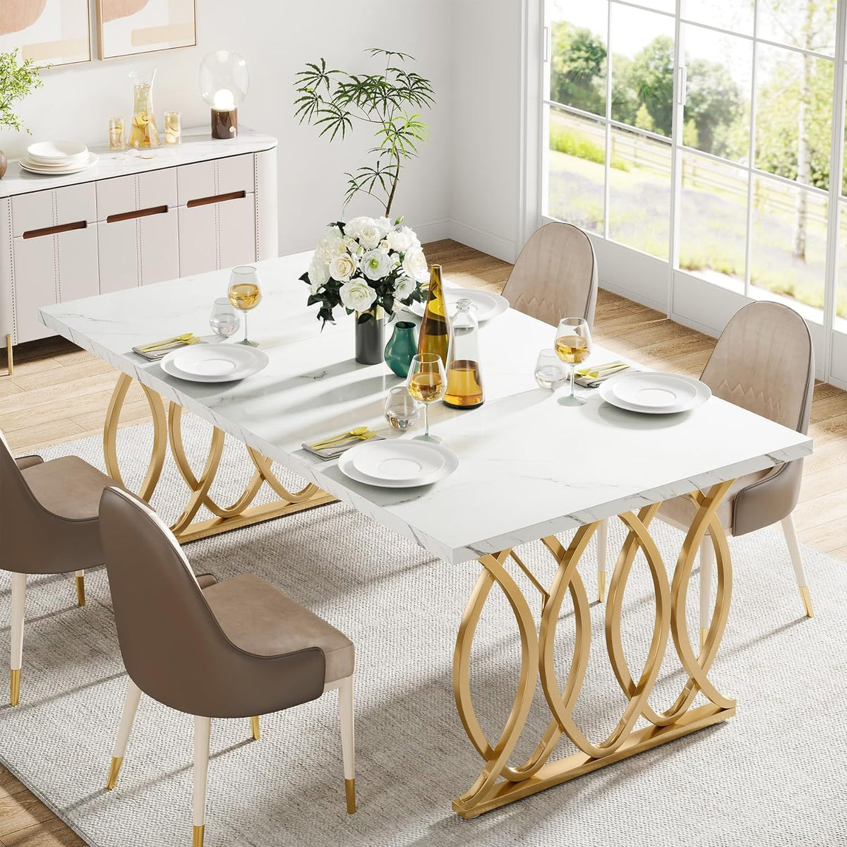 Tribesigns Modern Dining Table, Kitchen Table, 160 x 80 x 75 cm, Dining Table For 6 People with Imitation Marble Tabletop and Geometric Legs, White and Gold