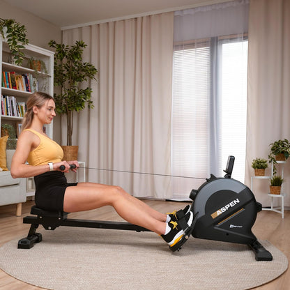 Hop-Sport Foldable Rowing Machine HS-080R Aspen, 16 Levels Magnetic Resistance up to 30 kg, Multifunctional LCD Screen, Tablet Holder, Load Capacity 120 kg, Gold - QUORE
