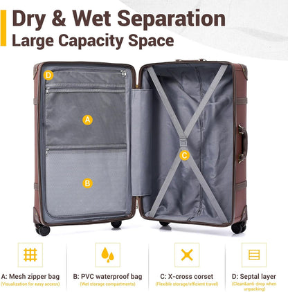 Urecity Vintage reiskofferset, 4-delig, licht, retro, lederen koffer, harde schaal, trolley, handbagage, sets met TSA-slot en 8 wielen (S-M-L-XL), KaRAMELL BRUIN, S(14")+M(20")