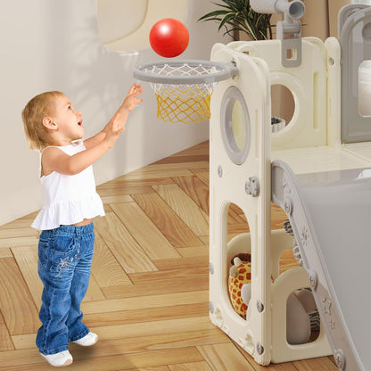 Kinderglijbaan met klimladder, basketbalkorf en tunnel, kunststof glijbaan voor binnen voor kinderen, Montessori-spelletjes voor speelplaats, grijs