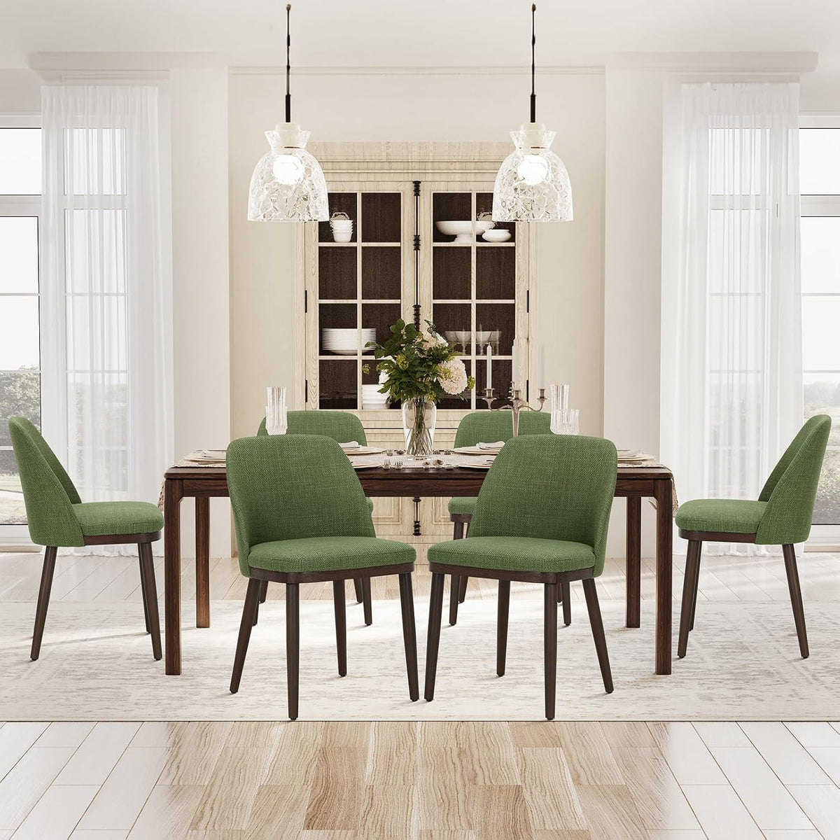 COLAMY Gevoerde eetkamerstoelen, set van 2, moderne keukenstoelen met rugleuning, stoffen stoel met houten poten voor eetkamer, keuken, restaurant, groen