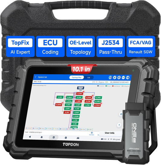TOPDON ONE OBD2-scanner met diagnosefunctie, ECU-codering, OE-topologie, J2534-doorvoer, meer dan 50 services, bidirectionele diagnose met TopFix AI, FCA/Renault/VAG SFD SGW-toegang, CAN-FD & DoIP.