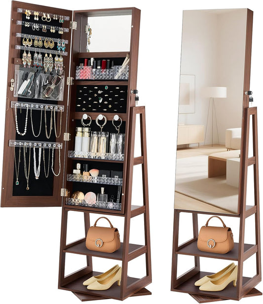 VEVOR Sieradenkast, 360° draaibaar, 1550 mm hoog, spiegel in volledige lengte met opbergruimte, staande draaibare sieradenkast, afsluitbare deur met 2 sleutels, accessoirezakjes en opbergplanken