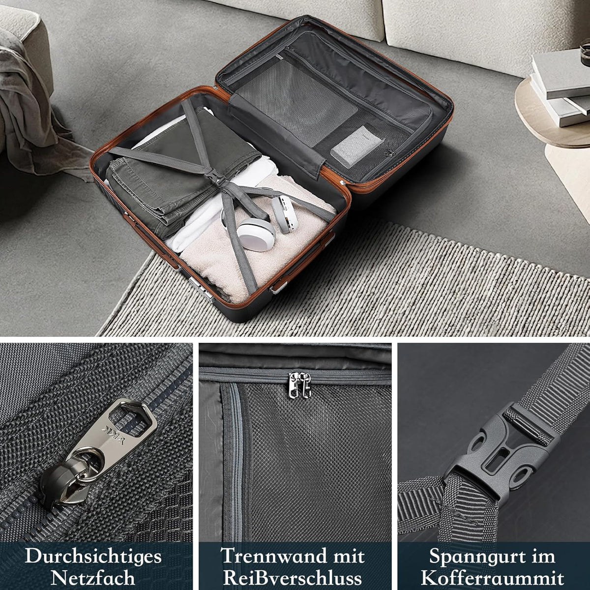 Joyway Kofferset van ABS hardshell uitbreidbare trolley kofferset met 4 wielen en TSA-slot De bagageset bevat 1 reistas en 1 toilettas, zwart, Kofferset 5tlg
