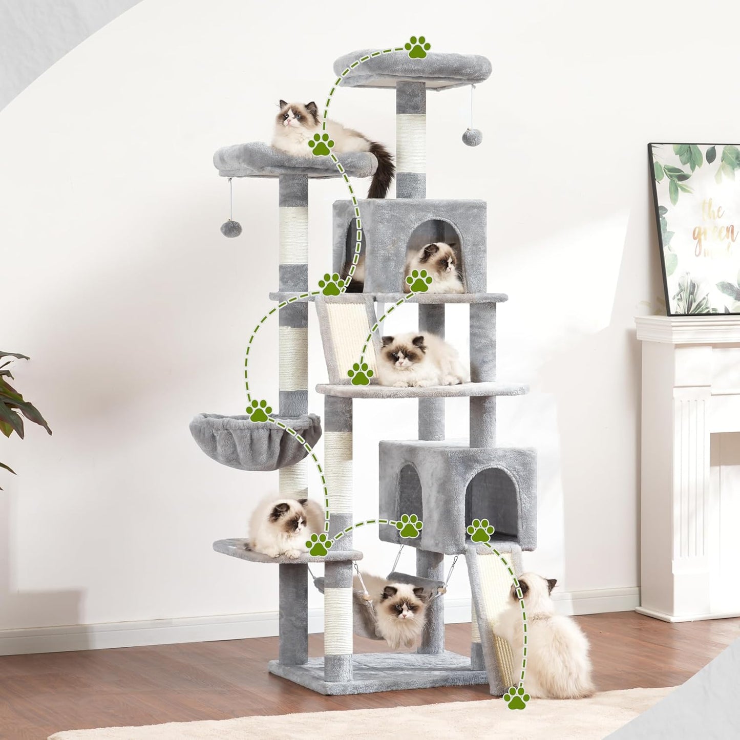 Cat Tree Indoor Cat Tree 200cm Cat Scratching Post with Large Adult Cats, 2 Scratching Boards, 7 Scratching Posts, 2 Plush Platforms, 2 Cat Cavities, Light Grey GCT032W - QUORE