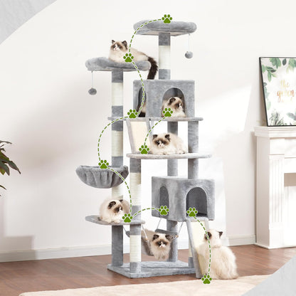 Cat Tree Indoor Cat Tree 200cm Cat Scratching Post with Large Adult Cats, 2 Scratching Boards, 7 Scratching Posts, 2 Plush Platforms, 2 Cat Cavities, Light Grey GCT032W - QUORE