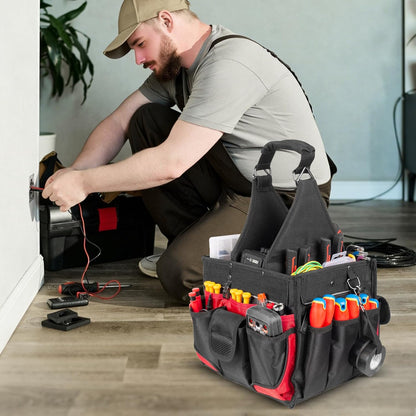 HAUTMEC Elektricien Gereedschapstas met onderdelenlade, waterbestendige HVAC-gereedschapstas, Heavy-Duty 37-Pocket Open Top Tool Tote met versterkte basis, verstelbare schouderriem - HT0174
