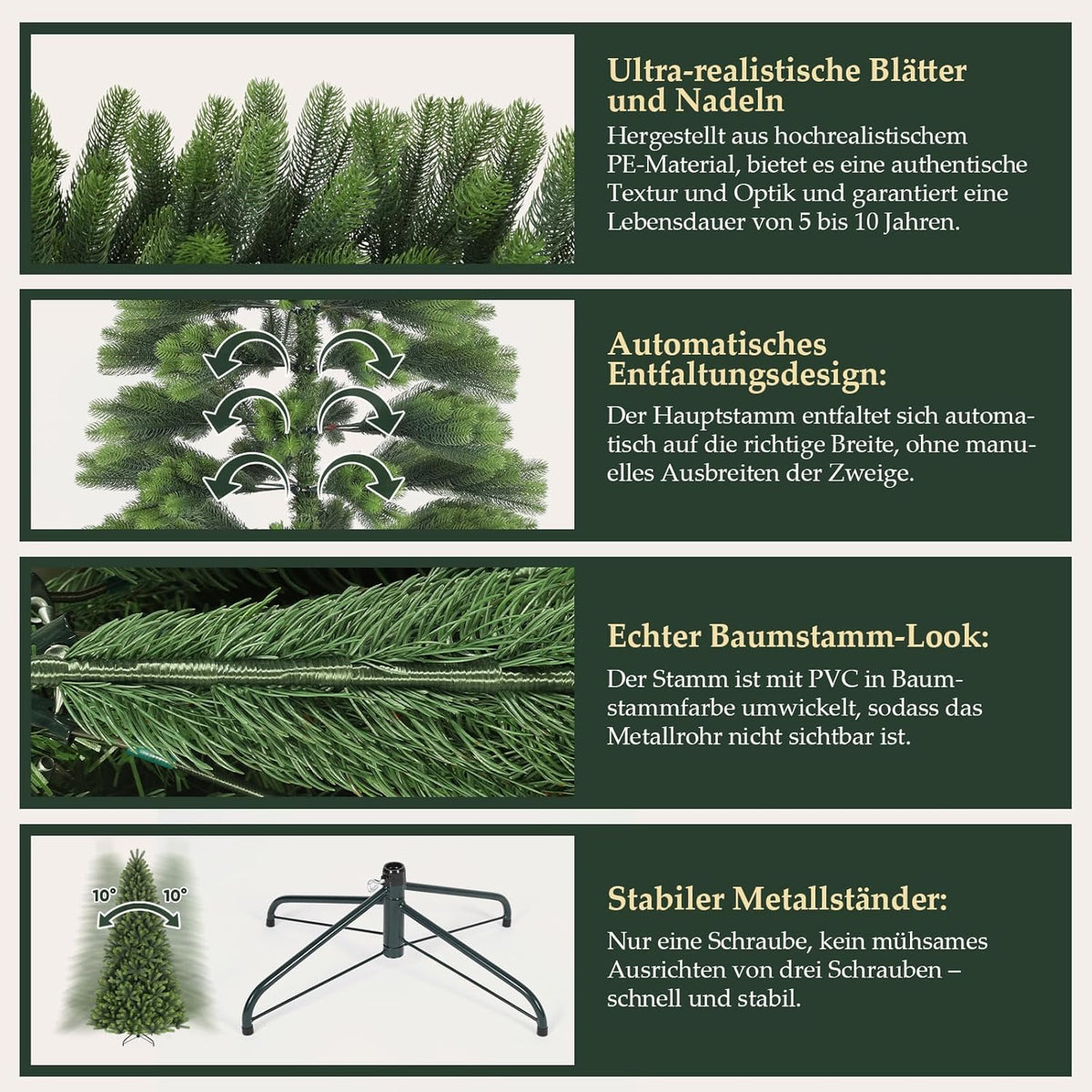 SALCAR 100% PE kunstkerstboom 180 cm, kunstkerstboom met 762 PE-takken, edele Nordmann-spar inclusief handschoenen en metalen standaard