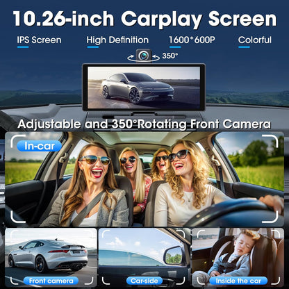 Carplay Display met 4K Dashcam 10,26 Inch Draadloos Carplay Android Auto Display met HD IPS Touchscreen Driveplay met Mirror Link Dual-Bluetooth Carplay met 1080P Achteruitrijcamera 64GB-Kaart