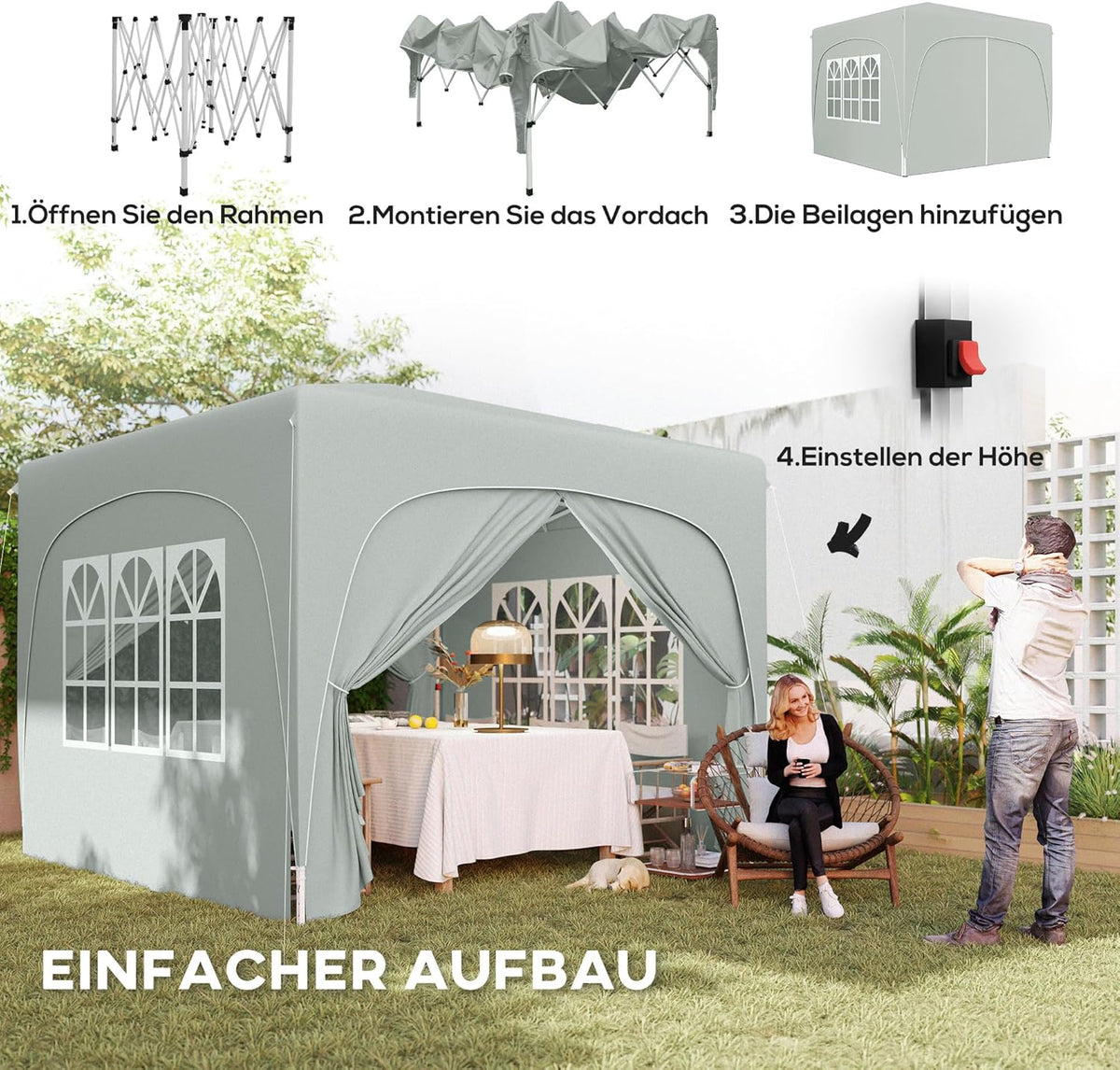 Outsunny Pavillon 3x3m, wasserabweisend Stabil Winterfest Pop-up Faltpavillon, UV Schutz 50+, Faltbar Partyzelt Gartenzelt mit 4 Seitenteilen Tasche Gartenpavillon für Camping Garten, Hellgrau - QUORE