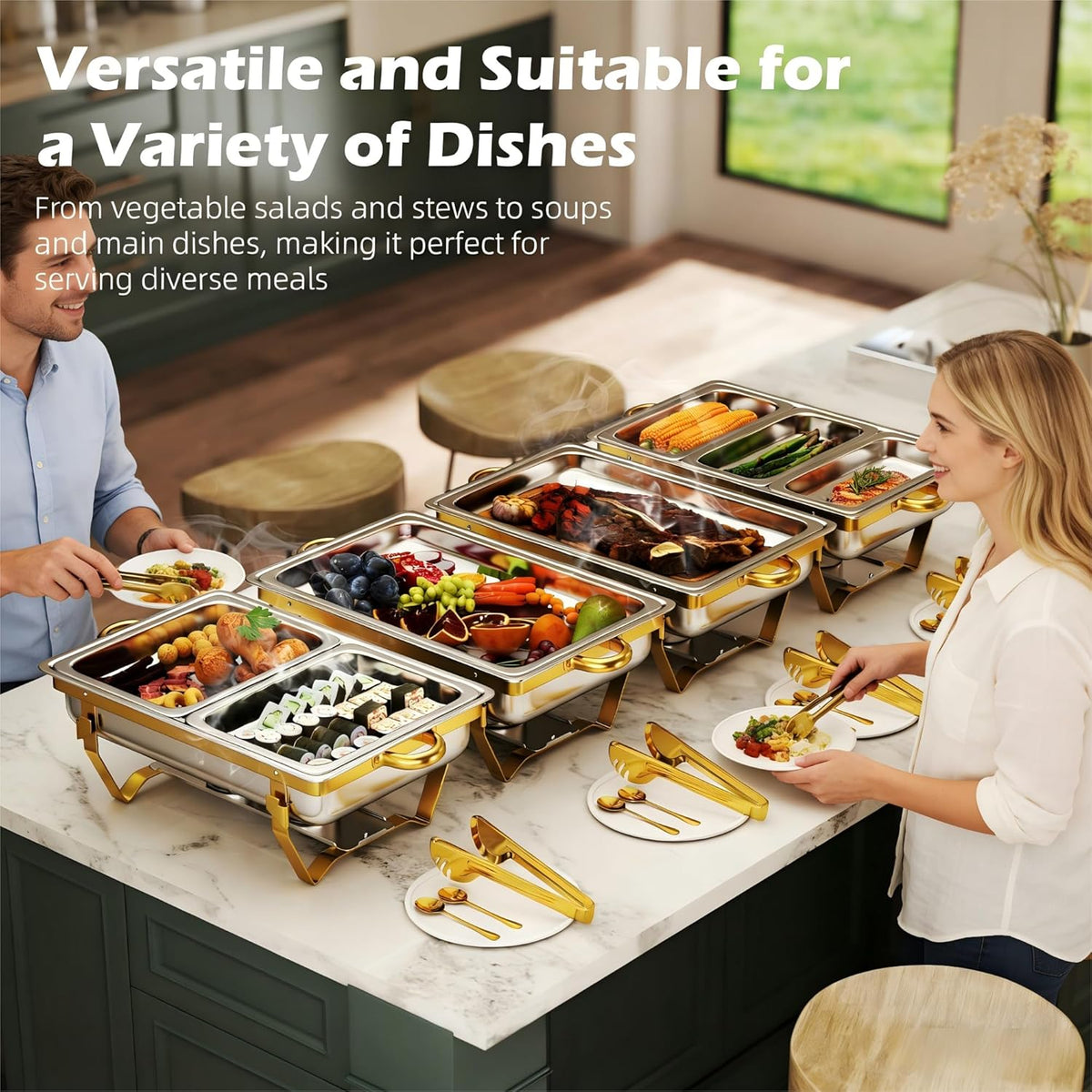 4-pack roestvrijstalen schaafschalen voor buffet, 9 QT-capaciteit voedselverwarmers voor feesten, bruiloften, evenementen hosting, familiebijeenkomsten, volledige set cateringserver met serveergerei