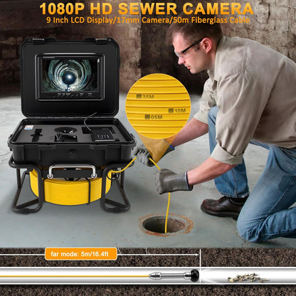 KAOLALI Buiscamera 50 m met licht, 9 inch kanalisatiecamera, 1080p HD endoscoop, inspectiecamera, DVR-recorder, kanaalcamera, IP68 waterdicht, met 6 ledlampen, voor loodgieter, 32 GB TF-kaart